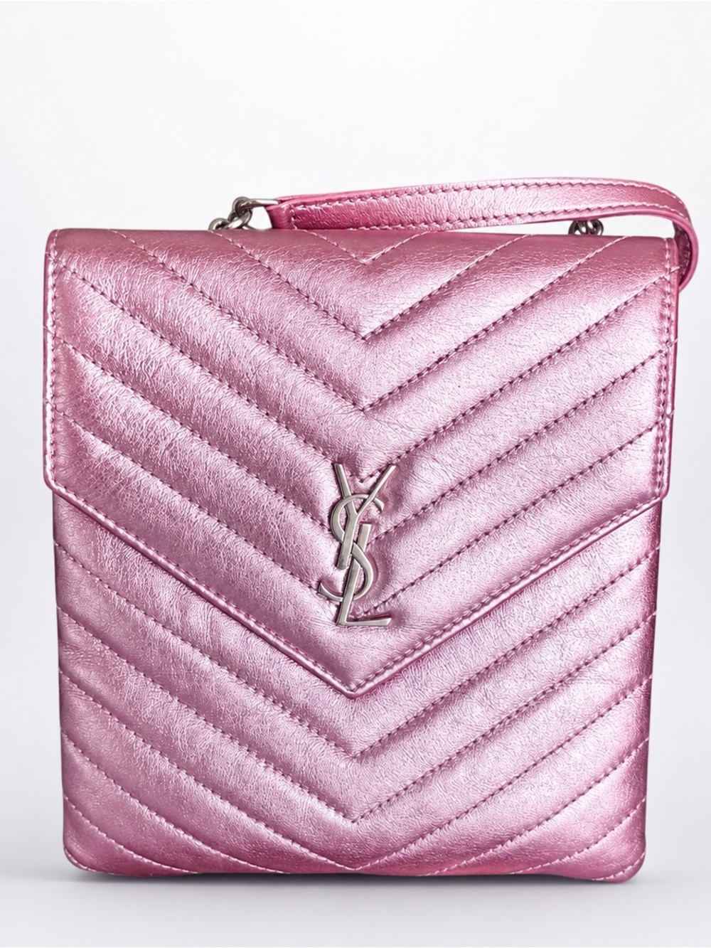 Saint Laurent YSL Monogram Matelasse Double Flap Metallic Pink Lambskin Bag